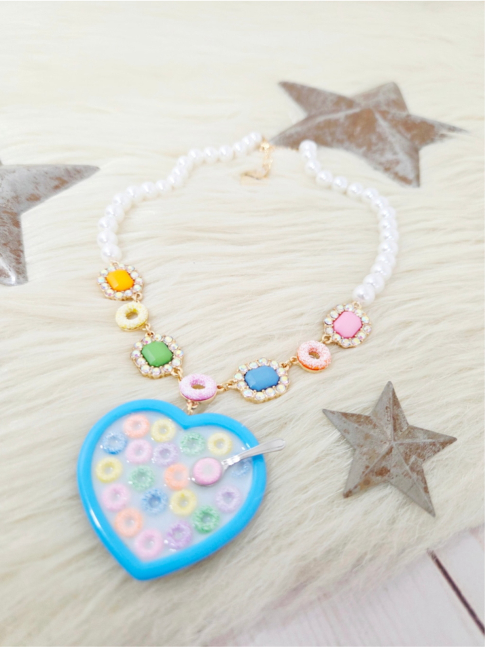 Betsey Johnson Sweet heart cereal bowl charm necklace rainbow pearl kitschy